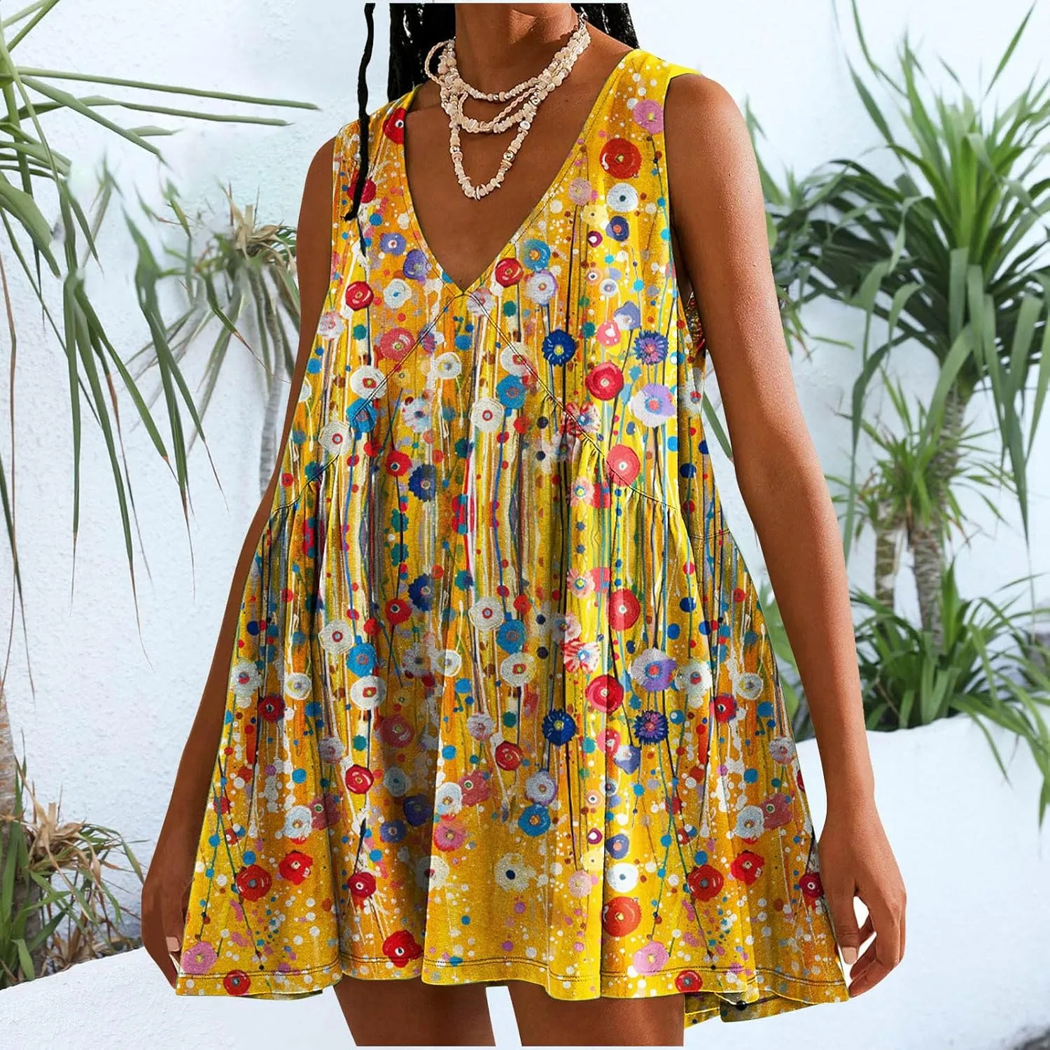 2024 Casual Loose Dresses for Women Summer Floral Printed Mini Dresses V-neck Sleeveless Flowy T Shirt Beach Sundress
