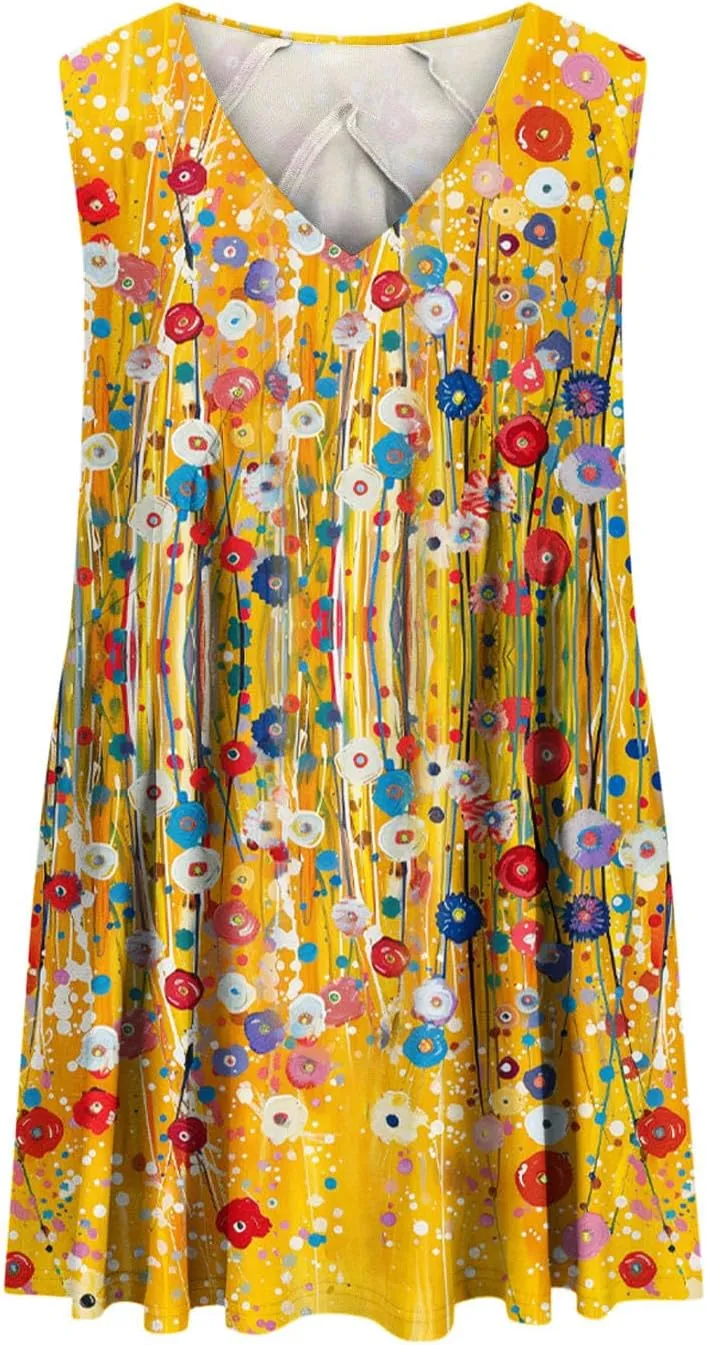 2024 Casual Loose Dresses for Women Summer Floral Printed Mini Dresses V-neck Sleeveless Flowy T Shirt Beach Sundress