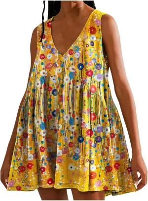 2024 Casual Loose Dresses for Women Summer Floral Printed Mini Dresses V-neck Sleeveless Flowy T Shirt Beach Sundress