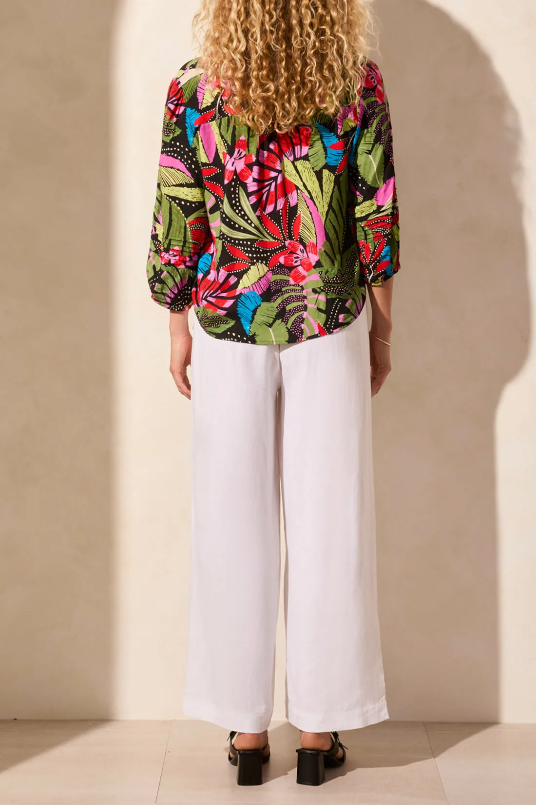 3/4 SLEEVE BUTTON FRONT BLOUSE W/PLEATS-LODEN