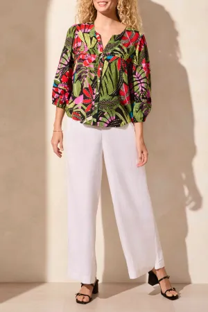 3/4 SLEEVE BUTTON FRONT BLOUSE W/PLEATS-LODEN