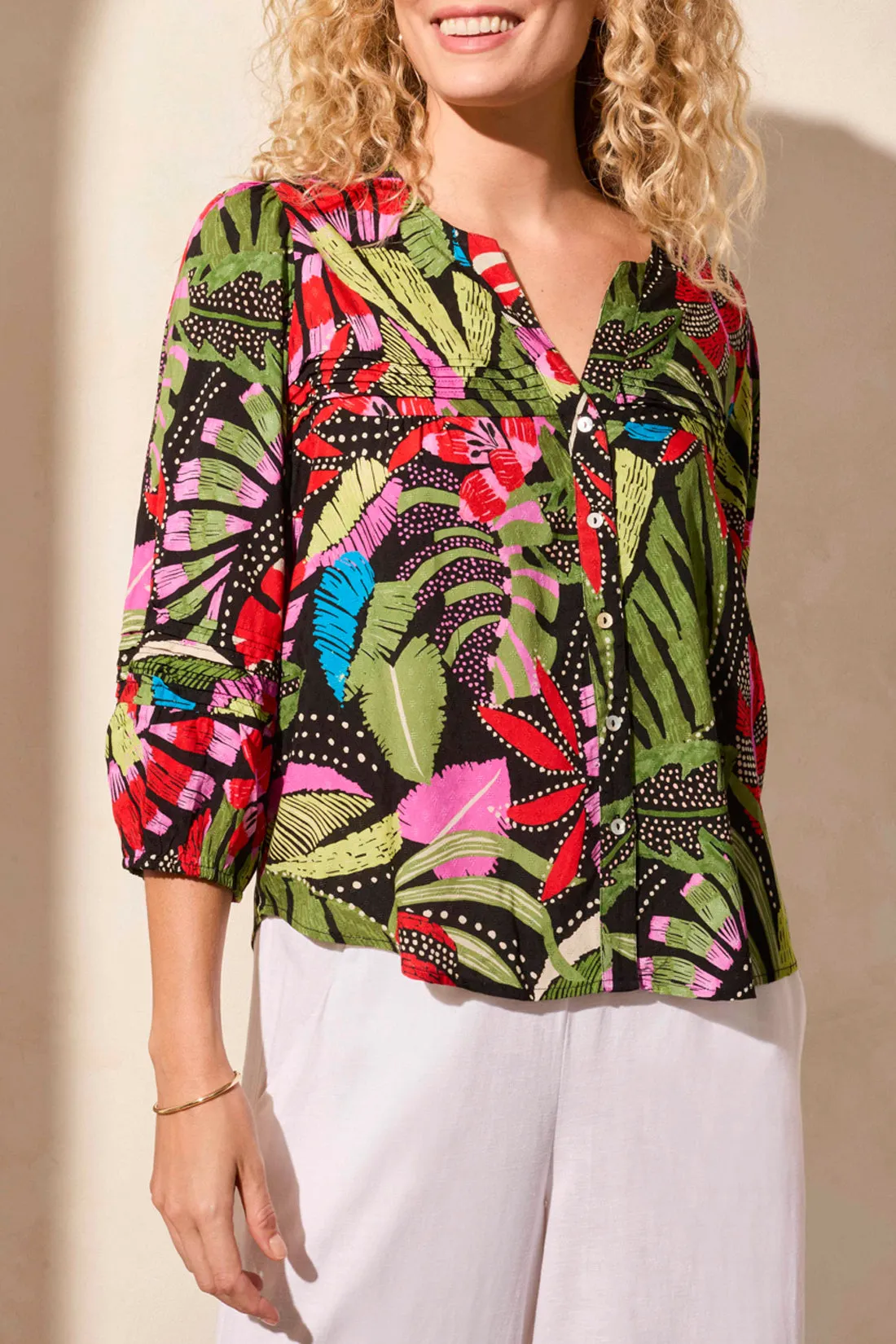 3/4 SLEEVE BUTTON FRONT BLOUSE W/PLEATS-LODEN