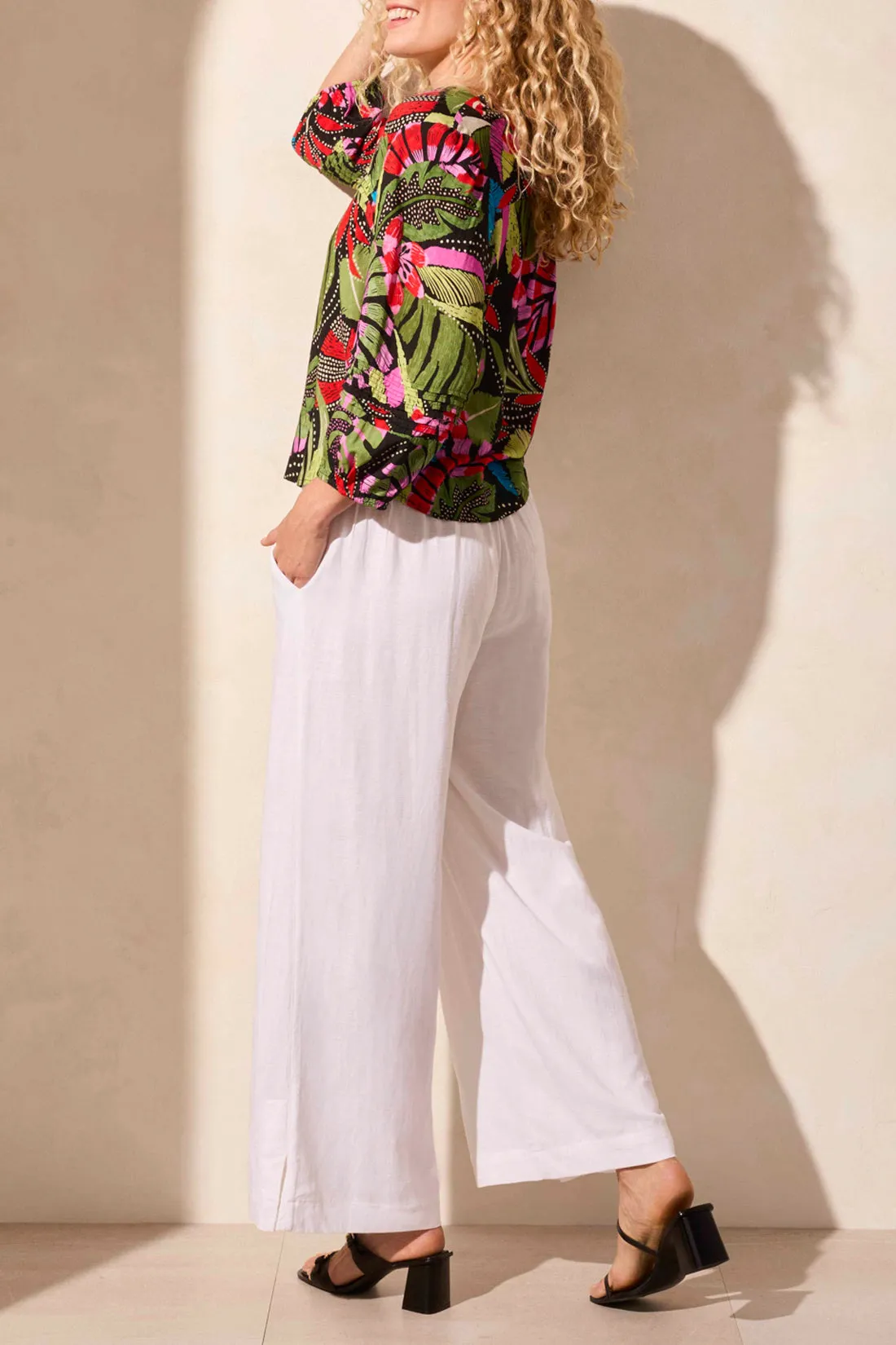 3/4 SLEEVE BUTTON FRONT BLOUSE W/PLEATS-LODEN