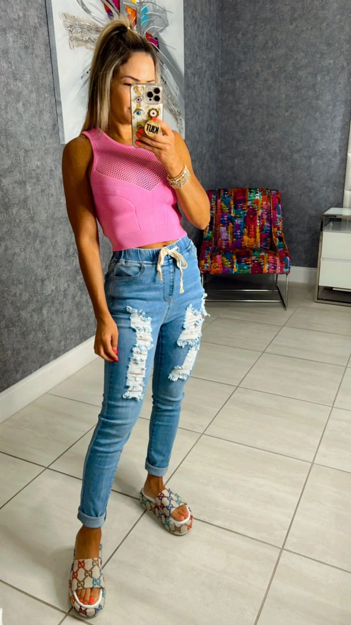 5468 High waist distressed denim jogger pants