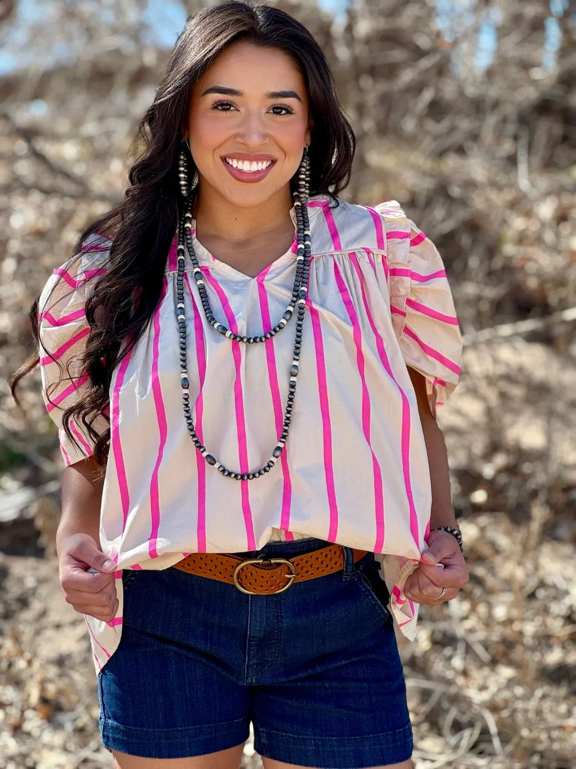 Angie Tan & Pink Stripe Puff Sleeve Blouse
