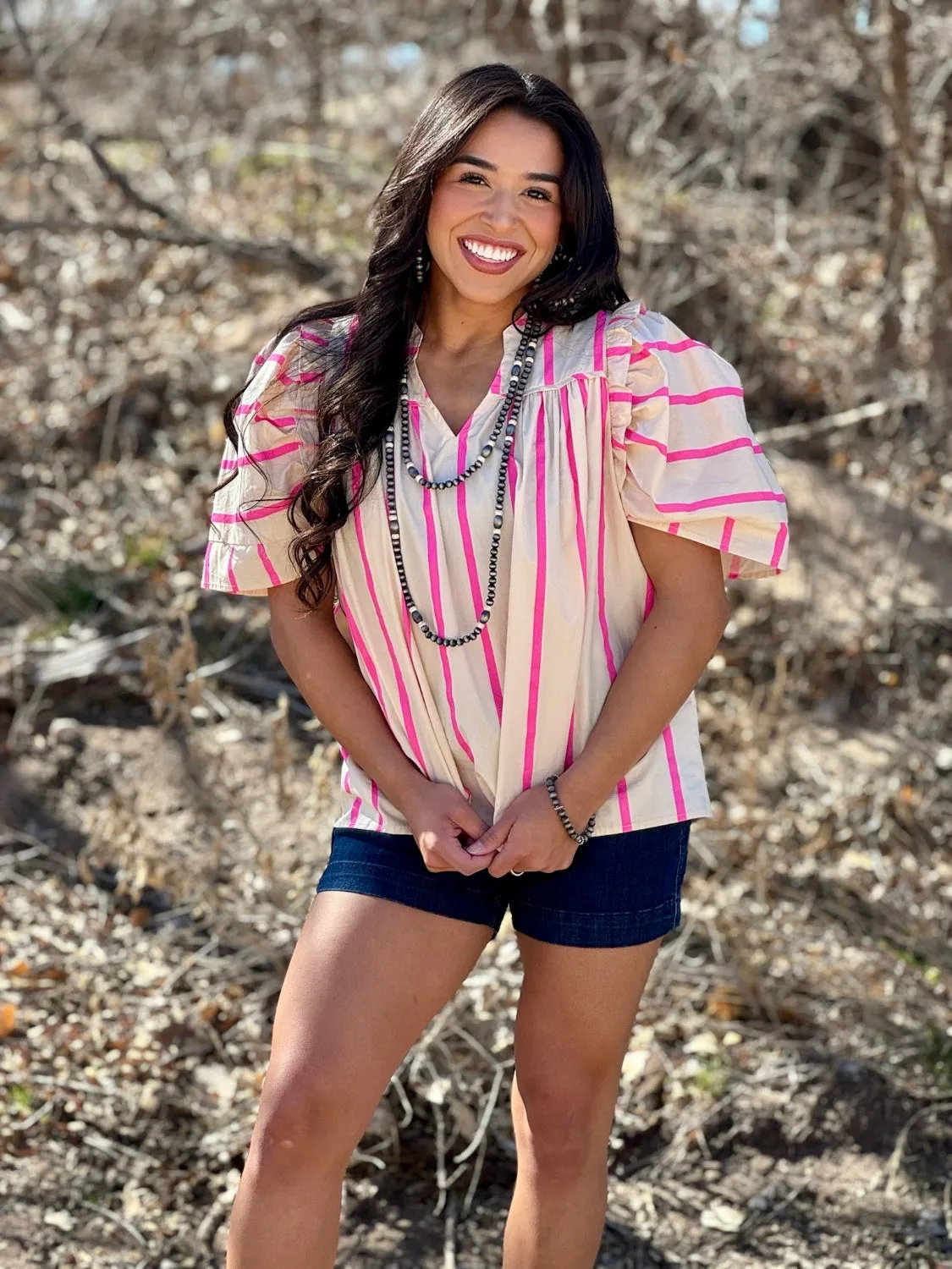 Angie Tan & Pink Stripe Puff Sleeve Blouse
