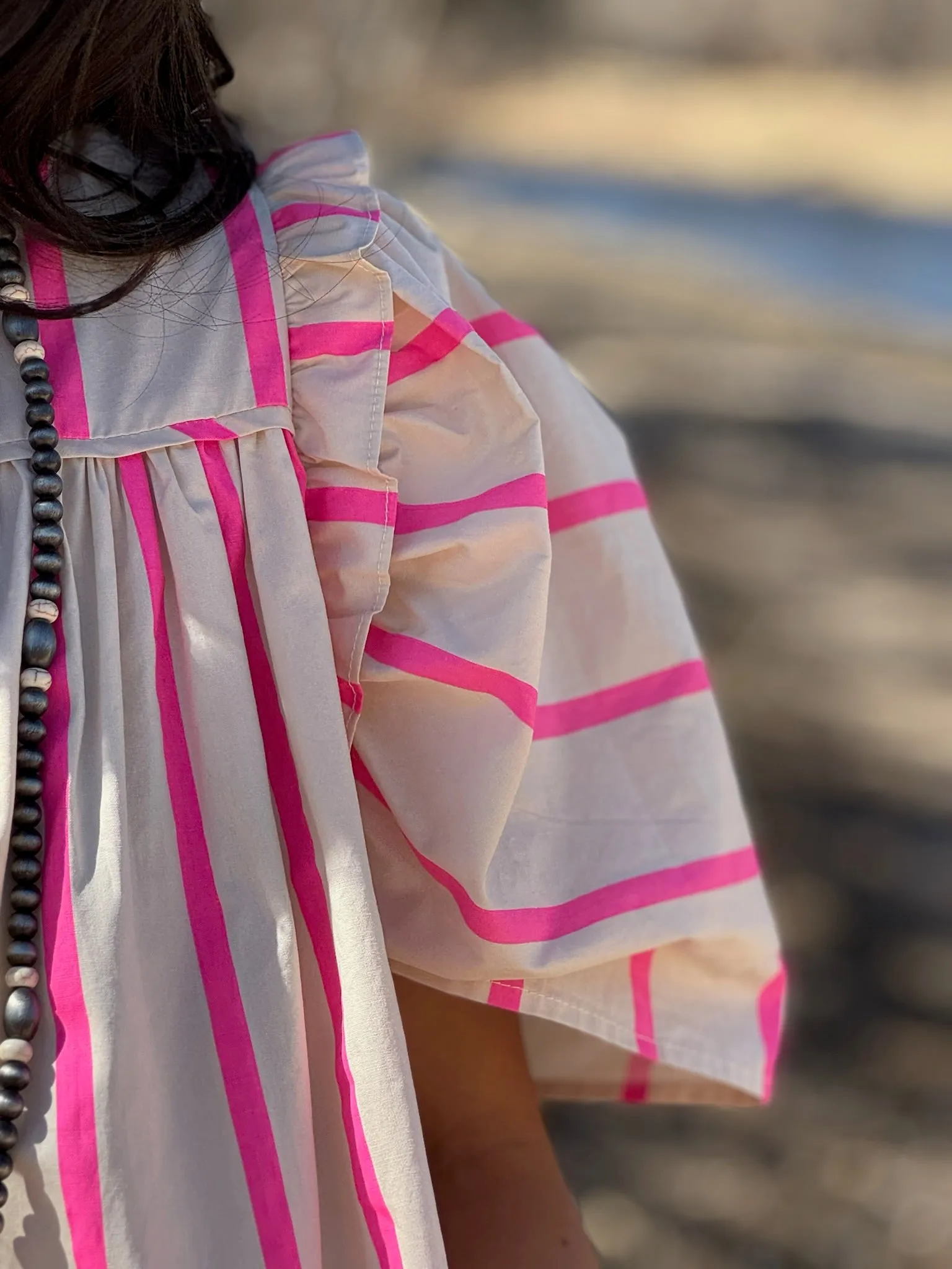 Angie Tan & Pink Stripe Puff Sleeve Blouse