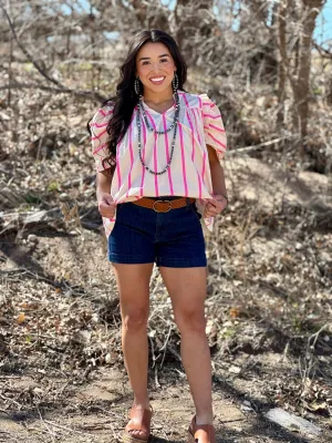 Angie Tan & Pink Stripe Puff Sleeve Blouse