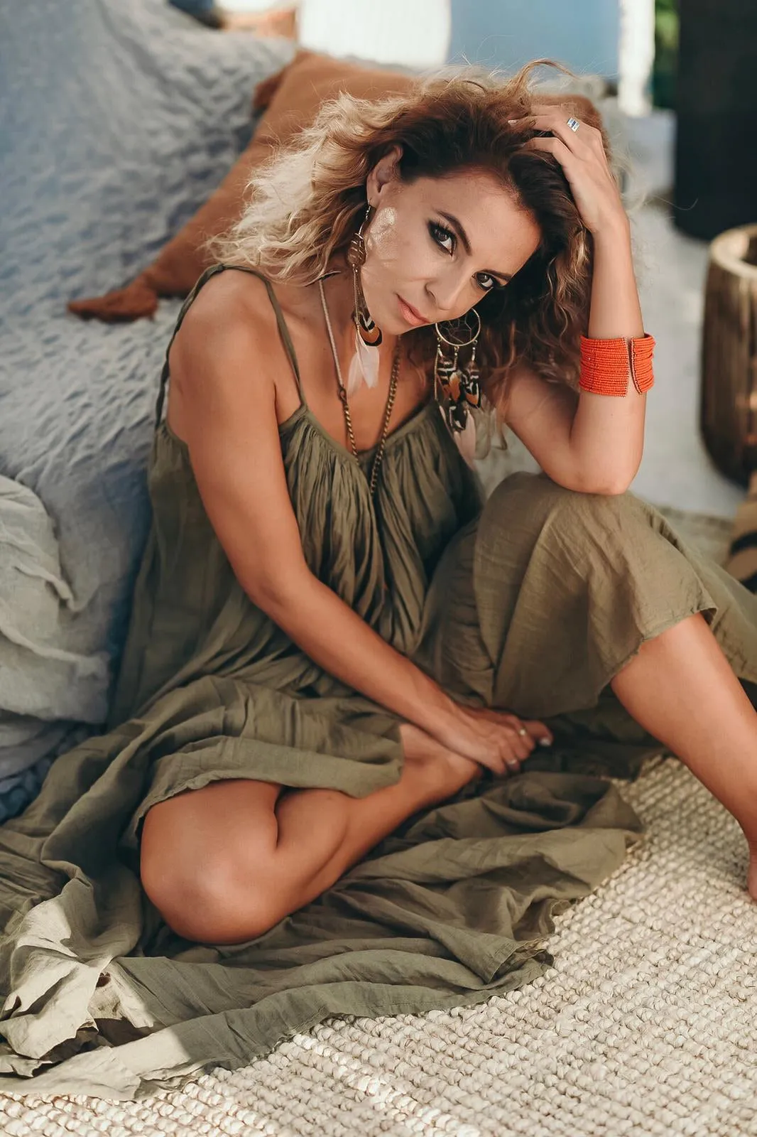 Apsara  summer cotton sexy open back dress in kaki green   summer maxi dream