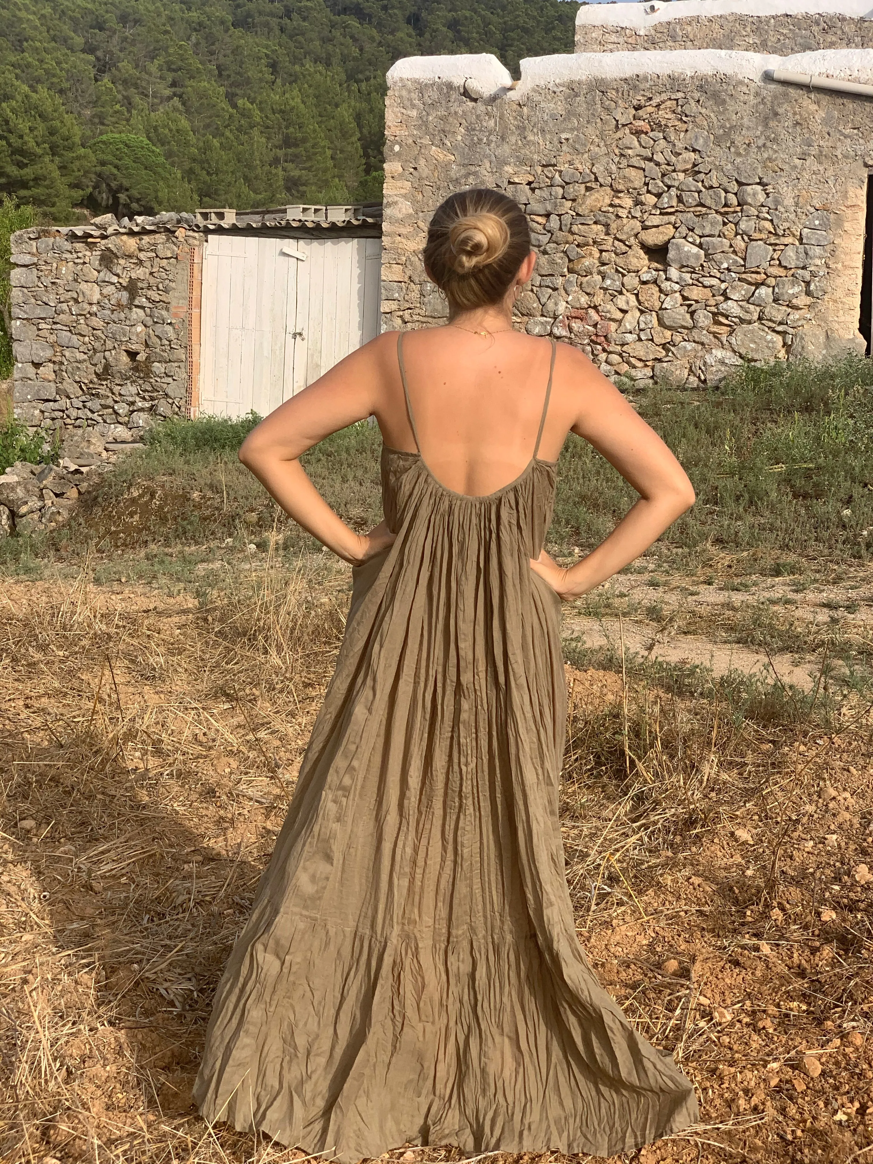 Apsara  summer cotton sexy open back dress in kaki green   summer maxi dream
