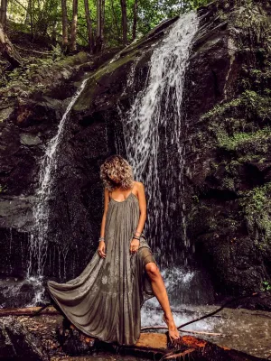 Apsara  summer cotton sexy open back dress in kaki green   summer maxi dream