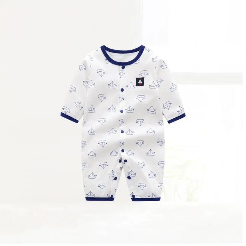 Baby Boy Stripes/Boats Print Buttons Jumpsuit
