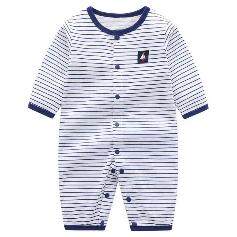 Baby Boy Stripes/Boats Print Buttons Jumpsuit