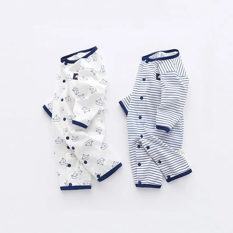 Baby Boy Stripes/Boats Print Buttons Jumpsuit