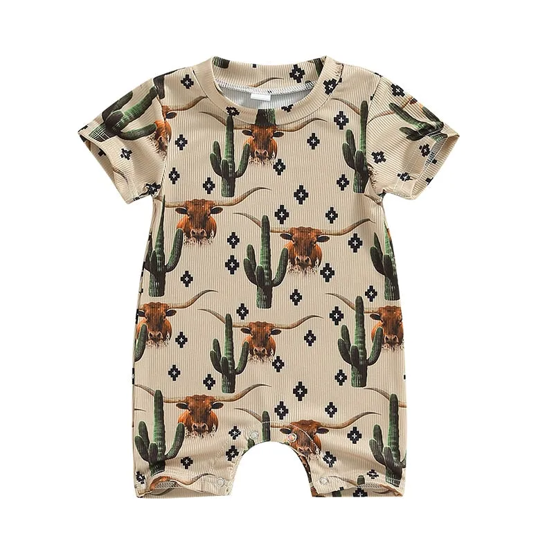 Baby Western Cowboy Jumpsuits Cartoon Cattle Print