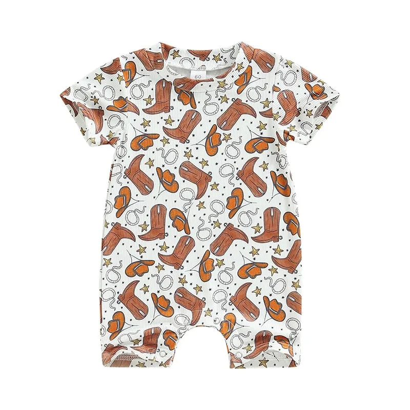 Baby Western Cowboy Jumpsuits Cartoon Cattle Print