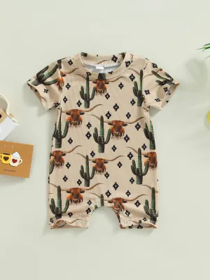 Baby Western Cowboy Jumpsuits Cartoon Cattle Print