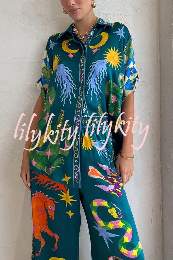 Beachy Chic Linen Blend Unique Print Button Down Oversized Blouse