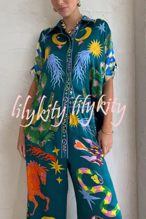 Beachy Chic Linen Blend Unique Print Button Down Oversized Blouse