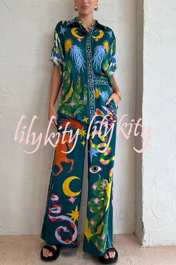 Beachy Chic Linen Blend Unique Print Button Down Oversized Blouse