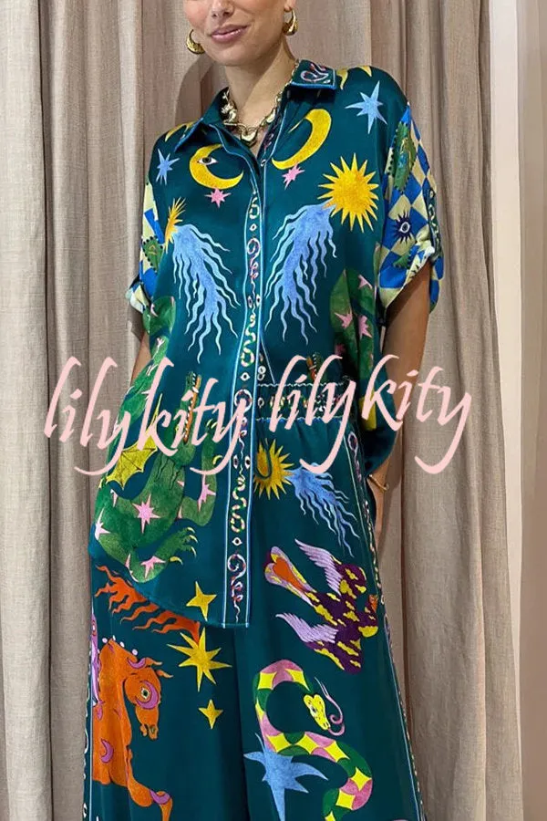 Beachy Chic Linen Blend Unique Print Button Down Oversized Blouse