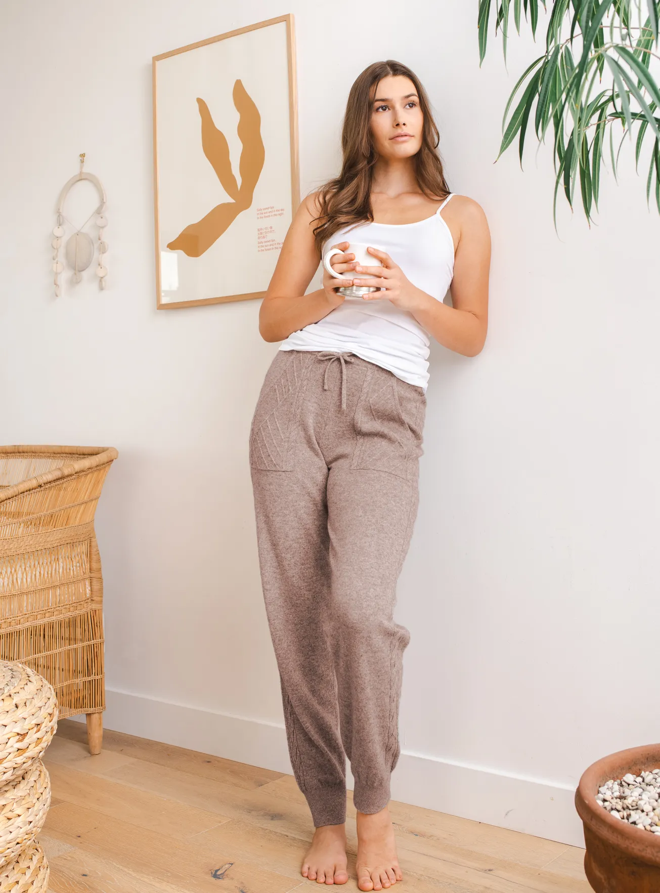 Beige Cashmere Cable Knit Jogger