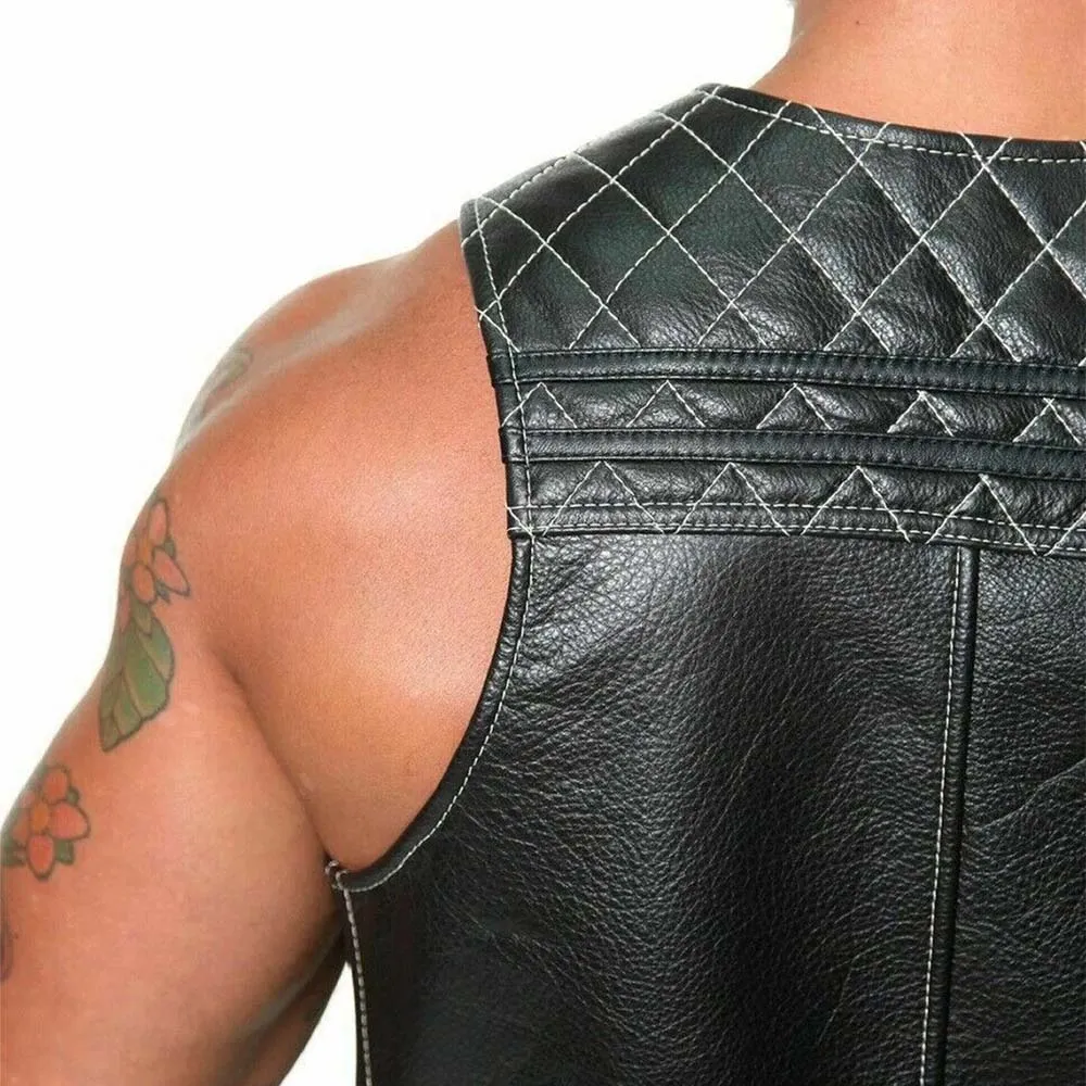 Black Quilted Leather Bar Vest