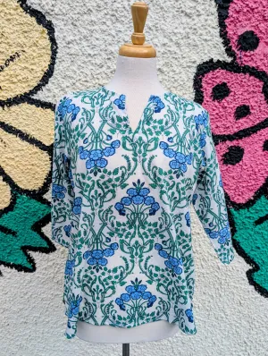 Blue & Green Art Deco Block Print Cotton Blouse