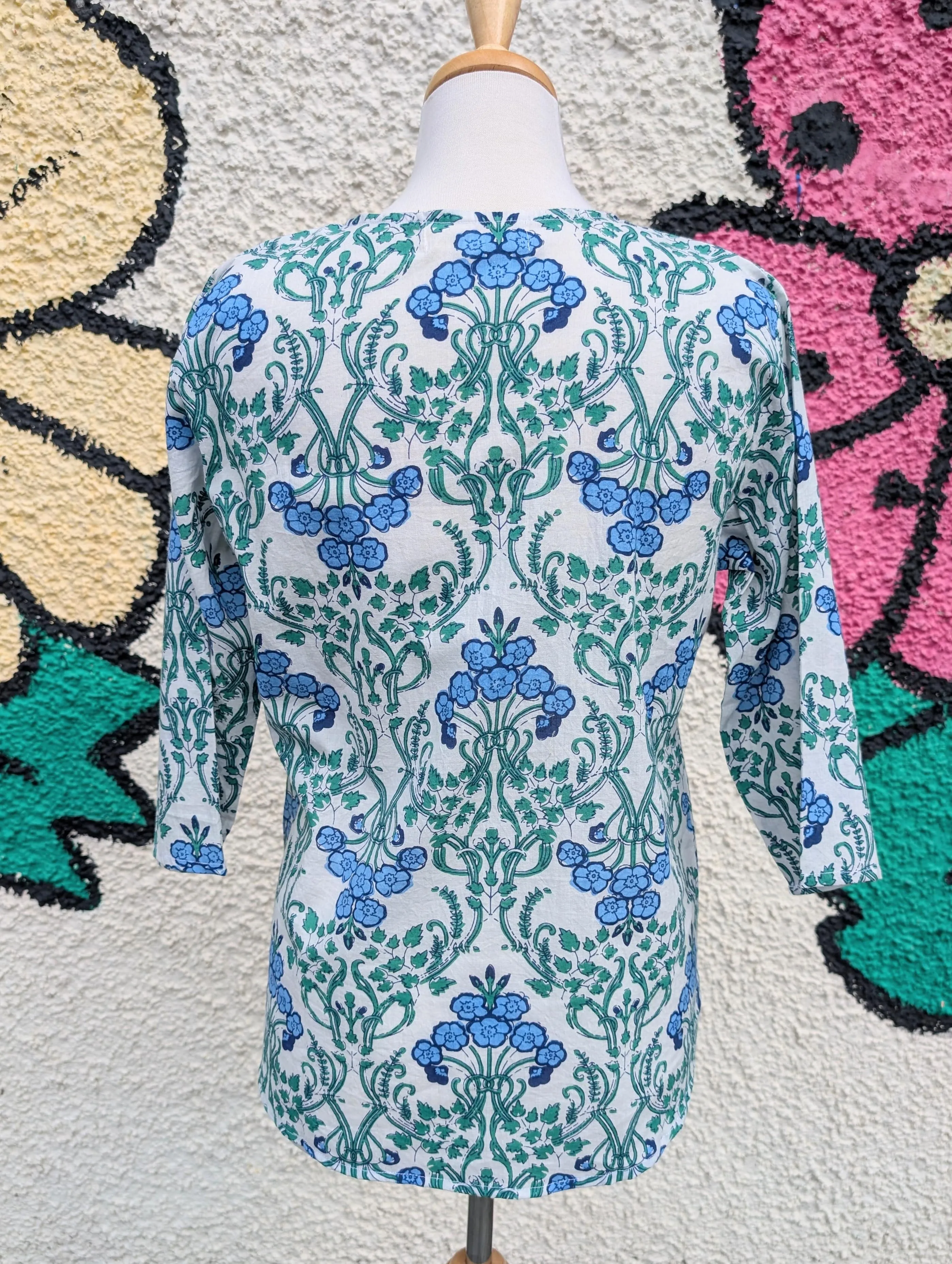 Blue & Green Art Deco Block Print Cotton Blouse