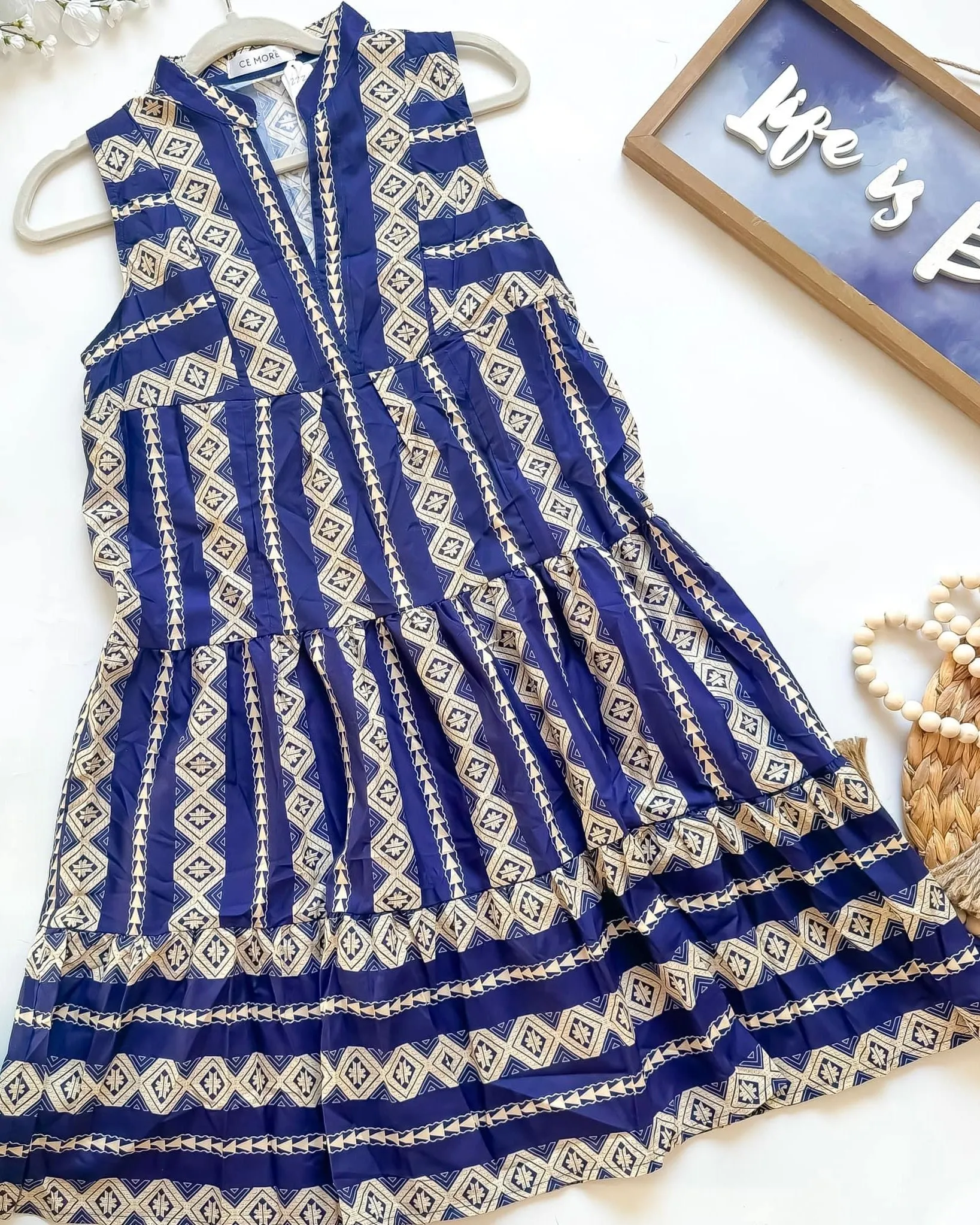 Blue & White Boho Style Sleeveless Open Neck Tiered Dress