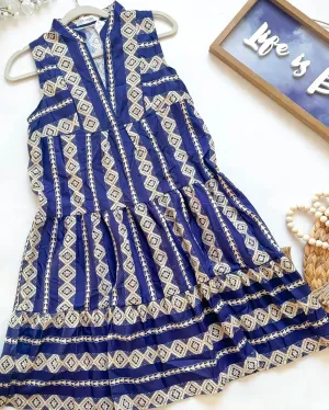 Blue & White Boho Style Sleeveless Open Neck Tiered Dress
