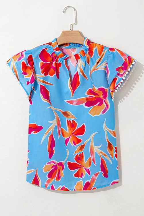 Blue Floral Print V Neck Pompom Trim Flutter Sleeve Blouse