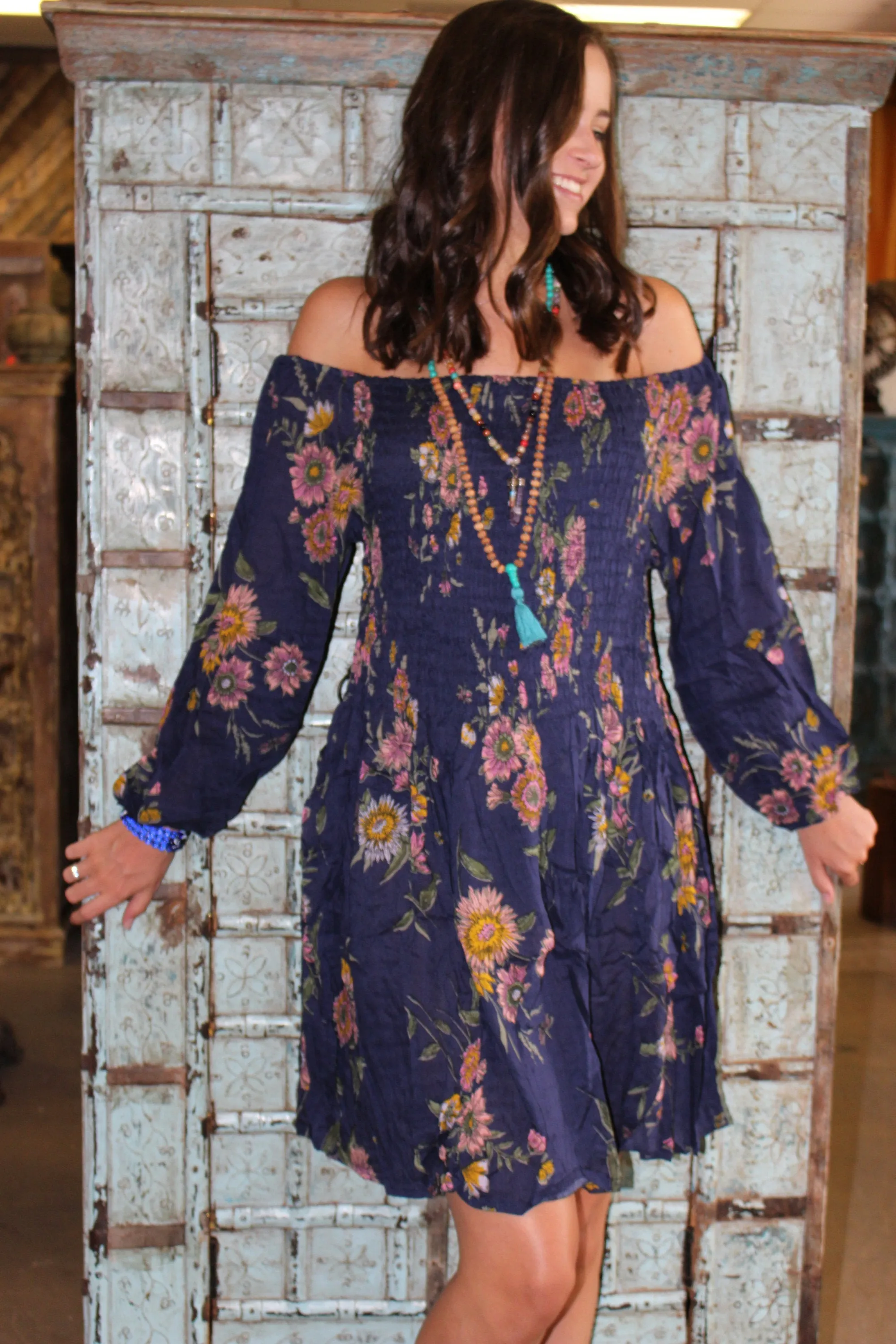 Bohemian Gypsy Dress Printed Blue Loose Dresses Hippy Chic L