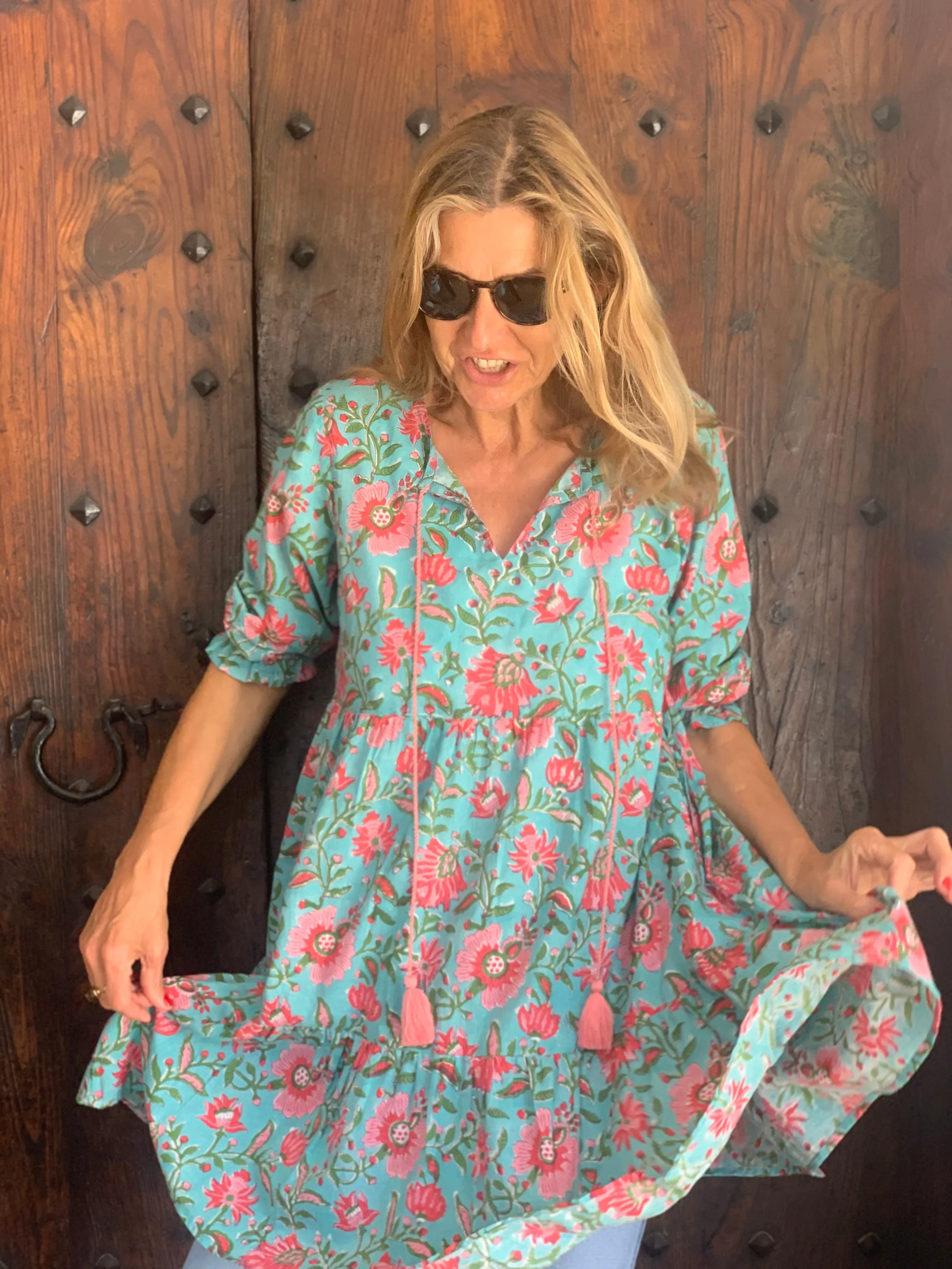 Boho dress short  in a beautiful turquoise