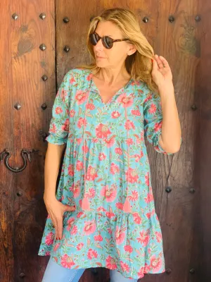 Boho dress short  in a beautiful turquoise