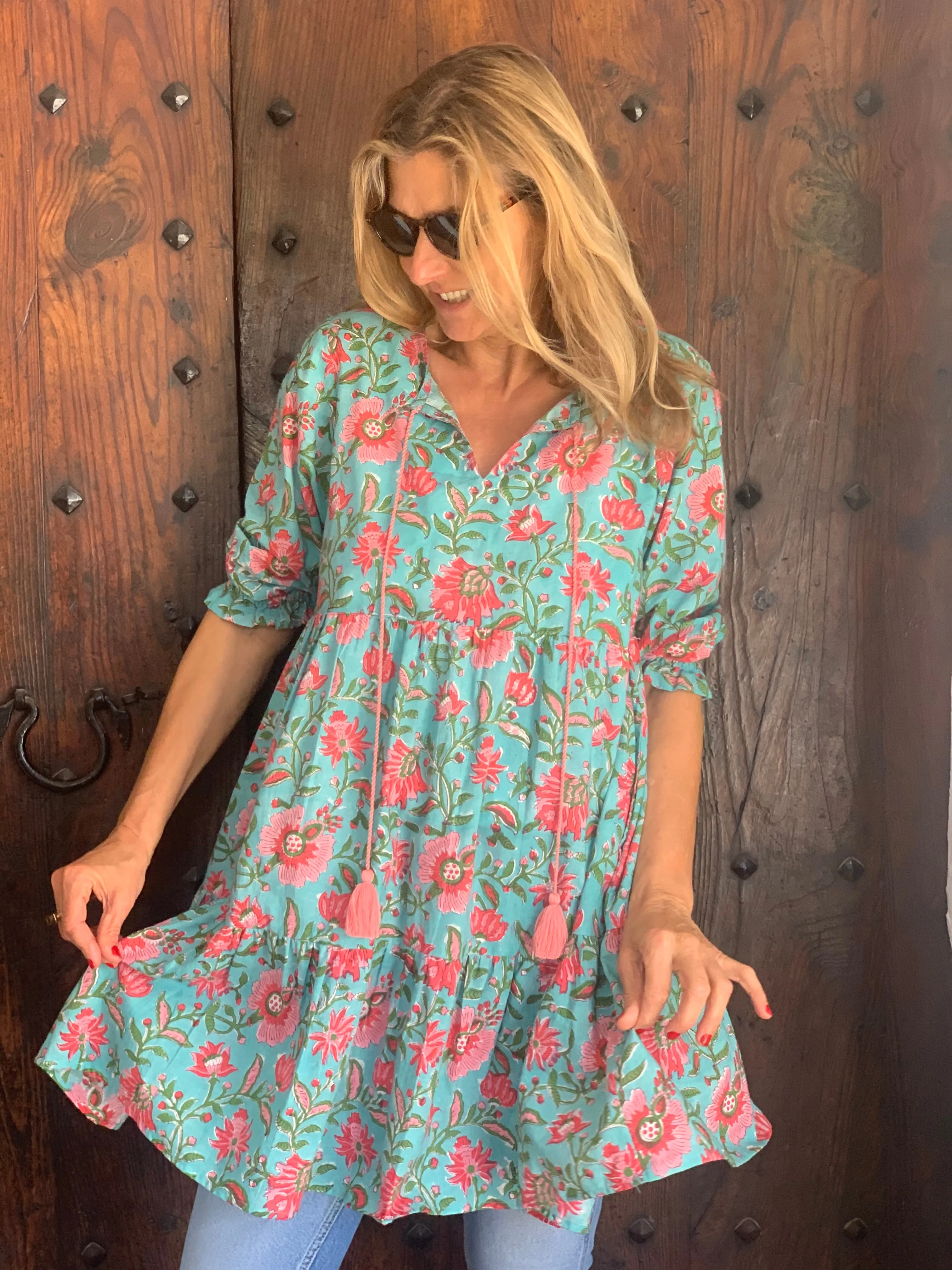 Boho dress short  in a beautiful turquoise