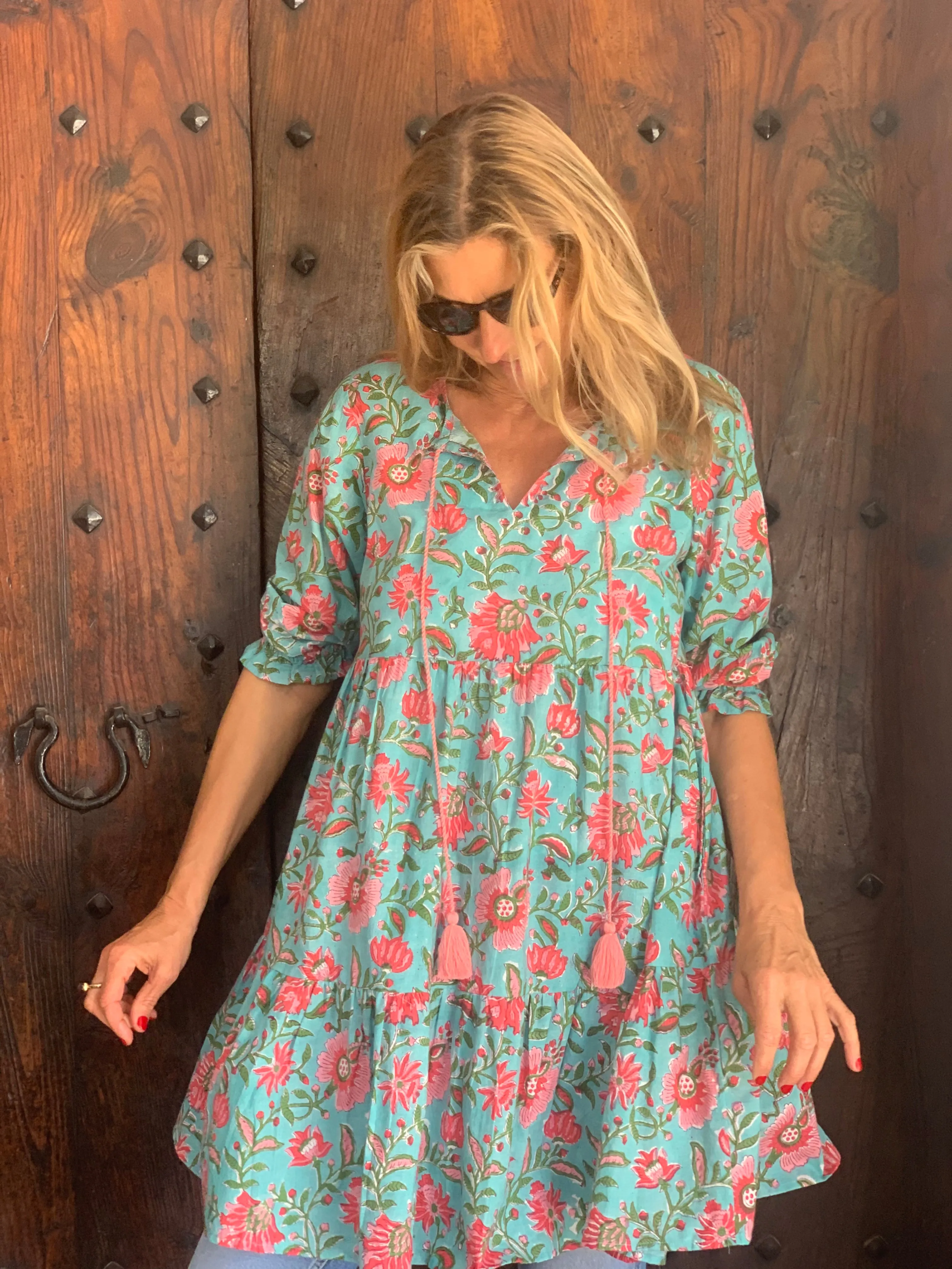 Boho dress short  in a beautiful turquoise