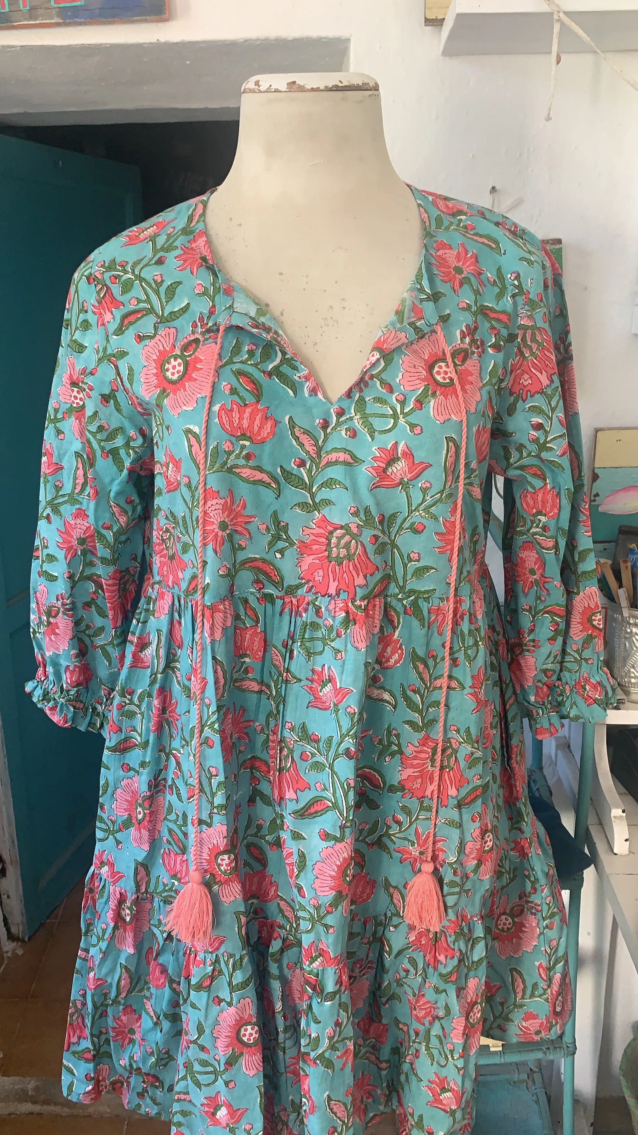 Boho dress short  in a beautiful turquoise