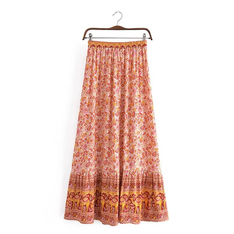 Boho Floral Print Skirt High Elastic Waist Maxi Long