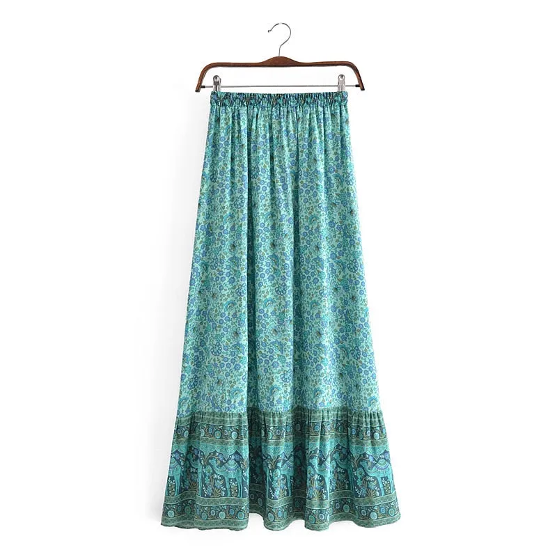 Boho Floral Print Skirt High Elastic Waist Maxi Long