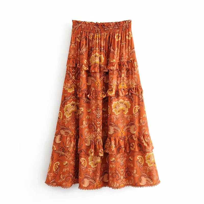 Boho Hippie Floral Print Ruffles High Elastic Waist Maxi A-Line  Skirt