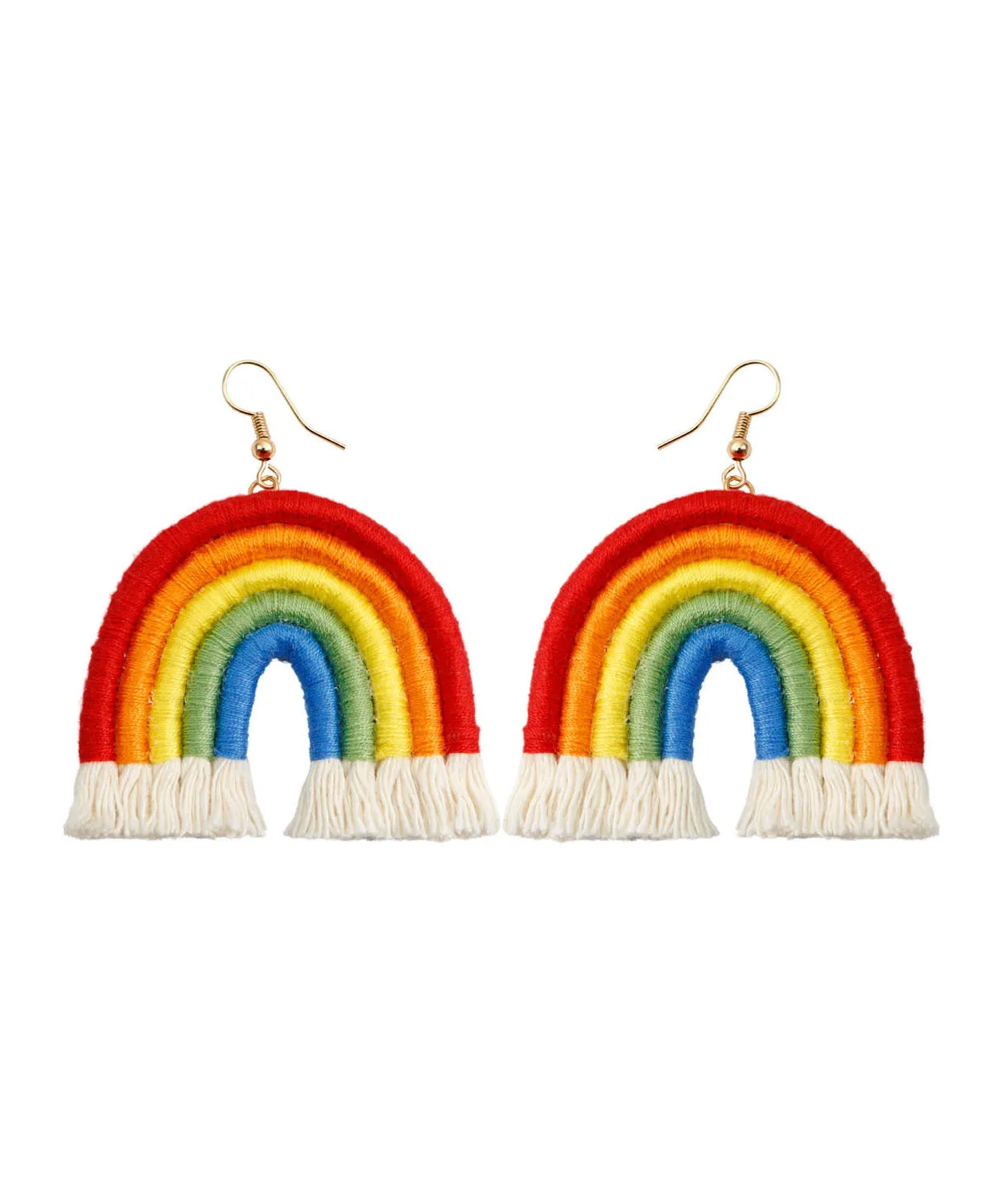 Boho Rainbow Cotton Knit Fabric Tassel Hoop Earrings