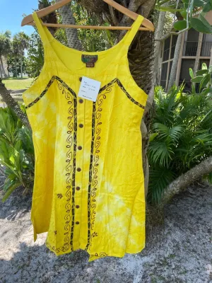 BOHO Summer DRess, Yellow Button Front Strap Dress, Embroidered S/M