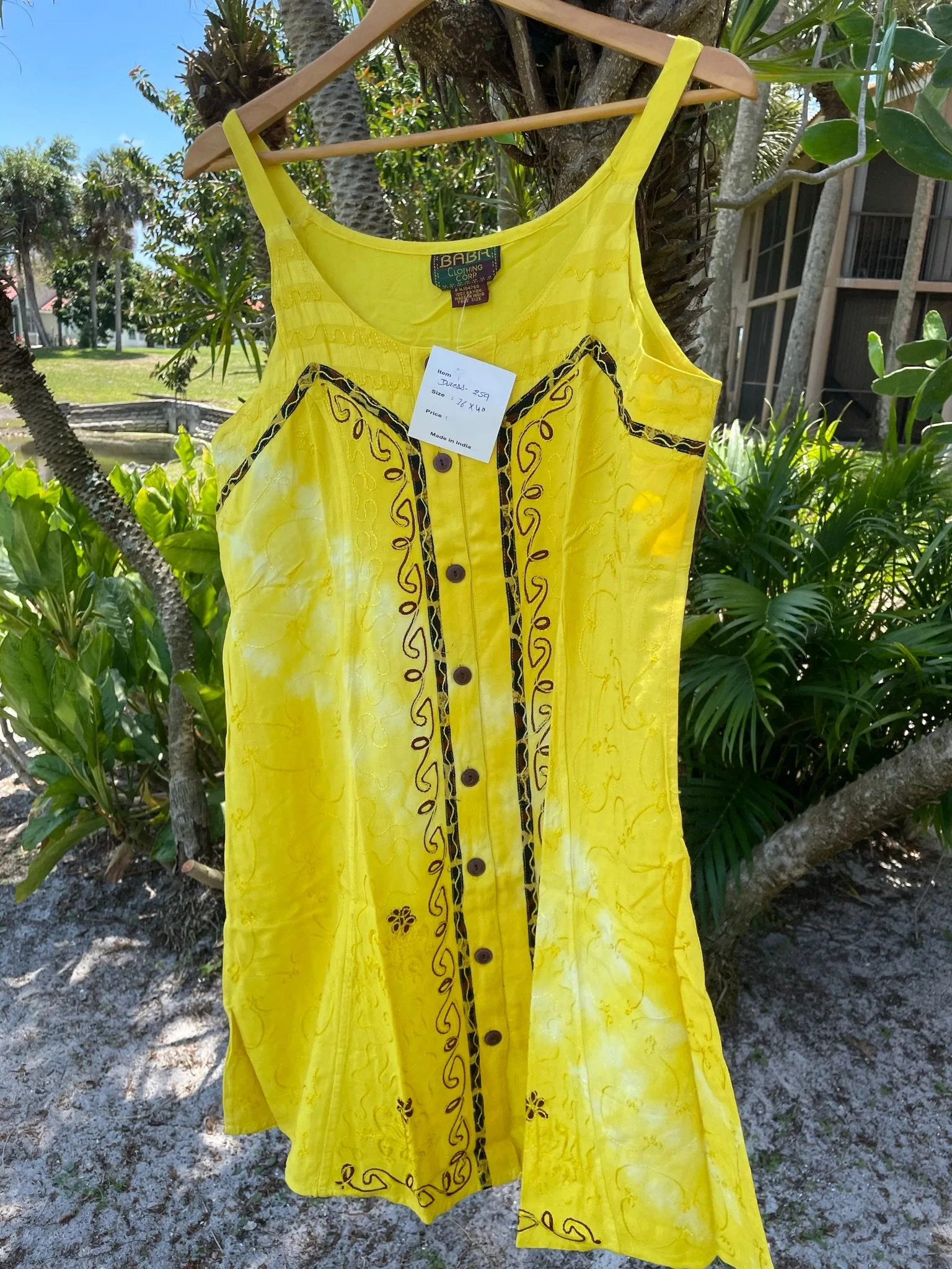 BOHO Summer DRess, Yellow Button Front Strap Dress, Embroidered S/M