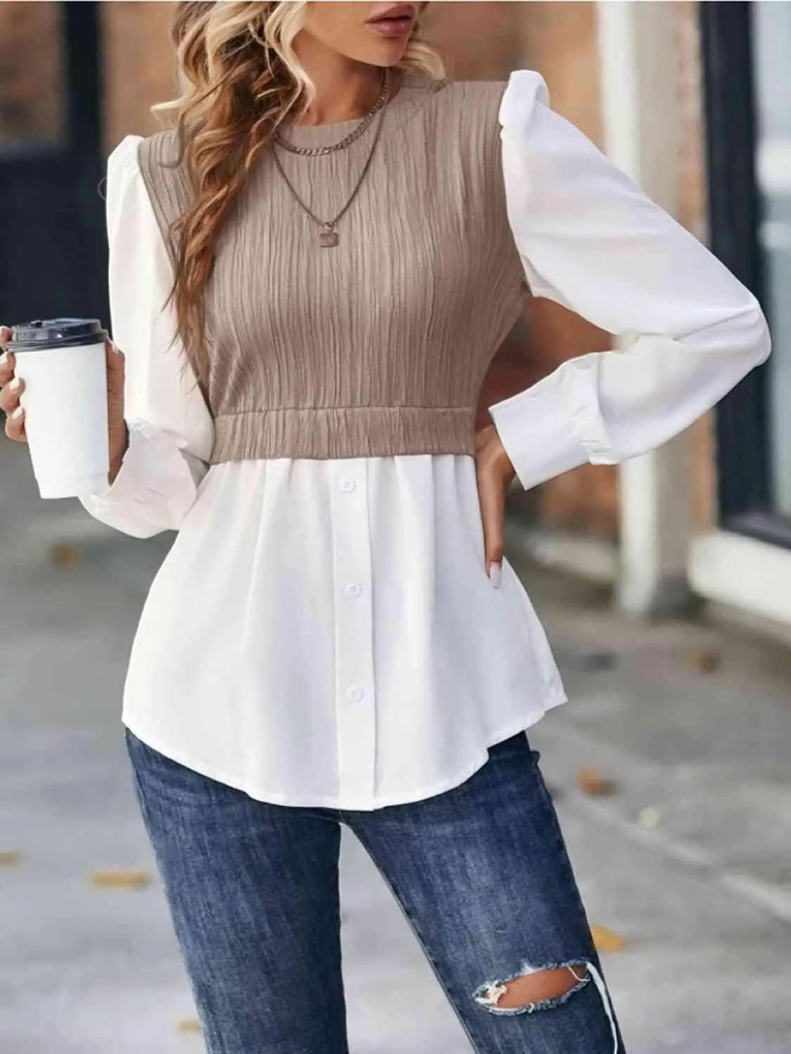 Cable Mock Vest Detail Blouse