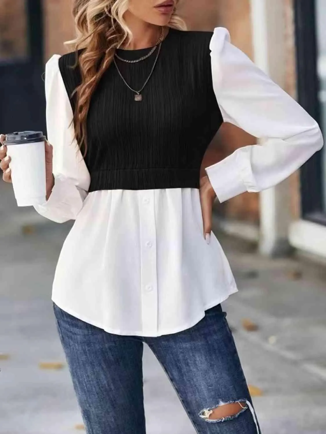 Cable Mock Vest Detail Blouse