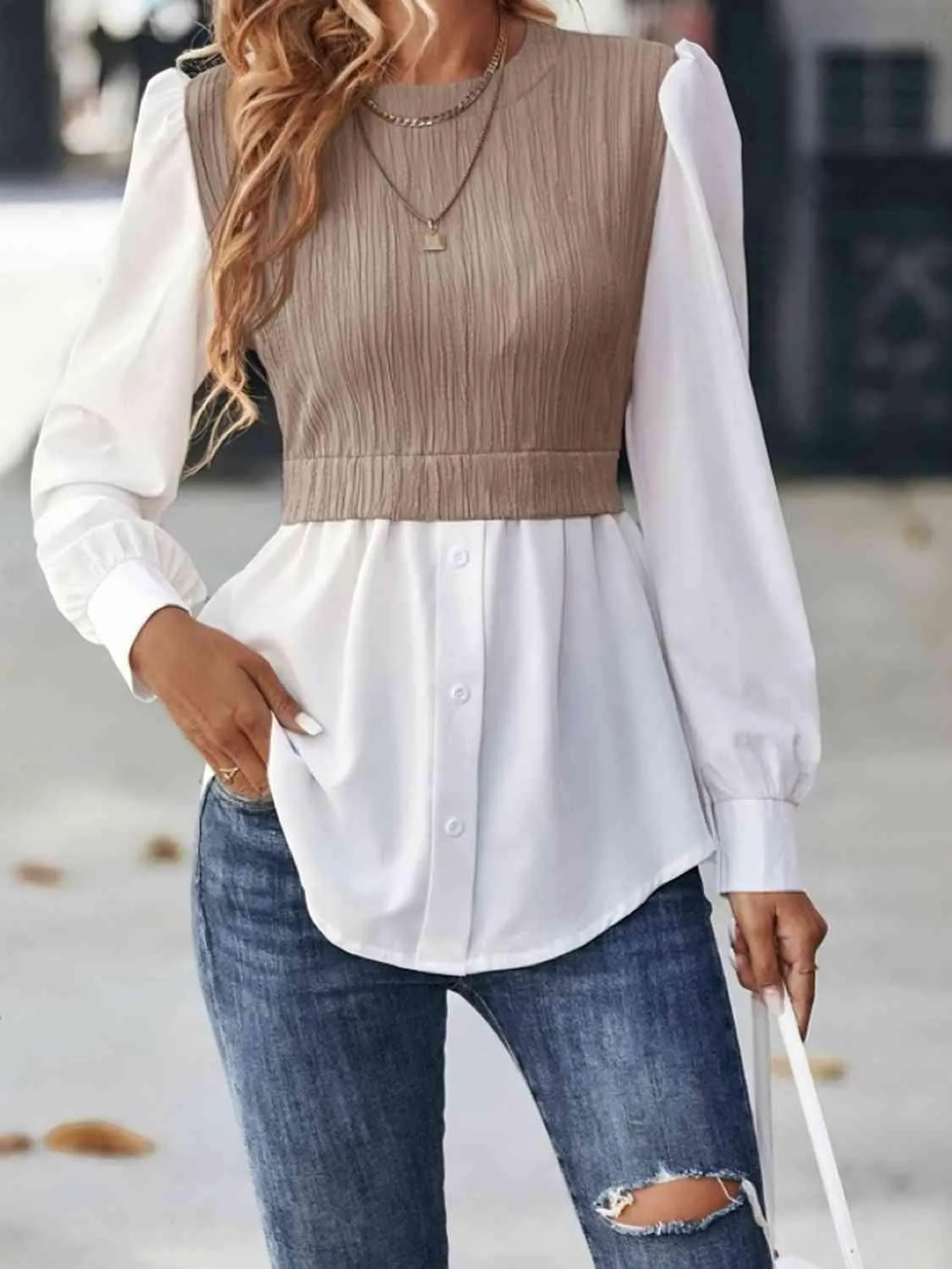 Cable Mock Vest Detail Blouse