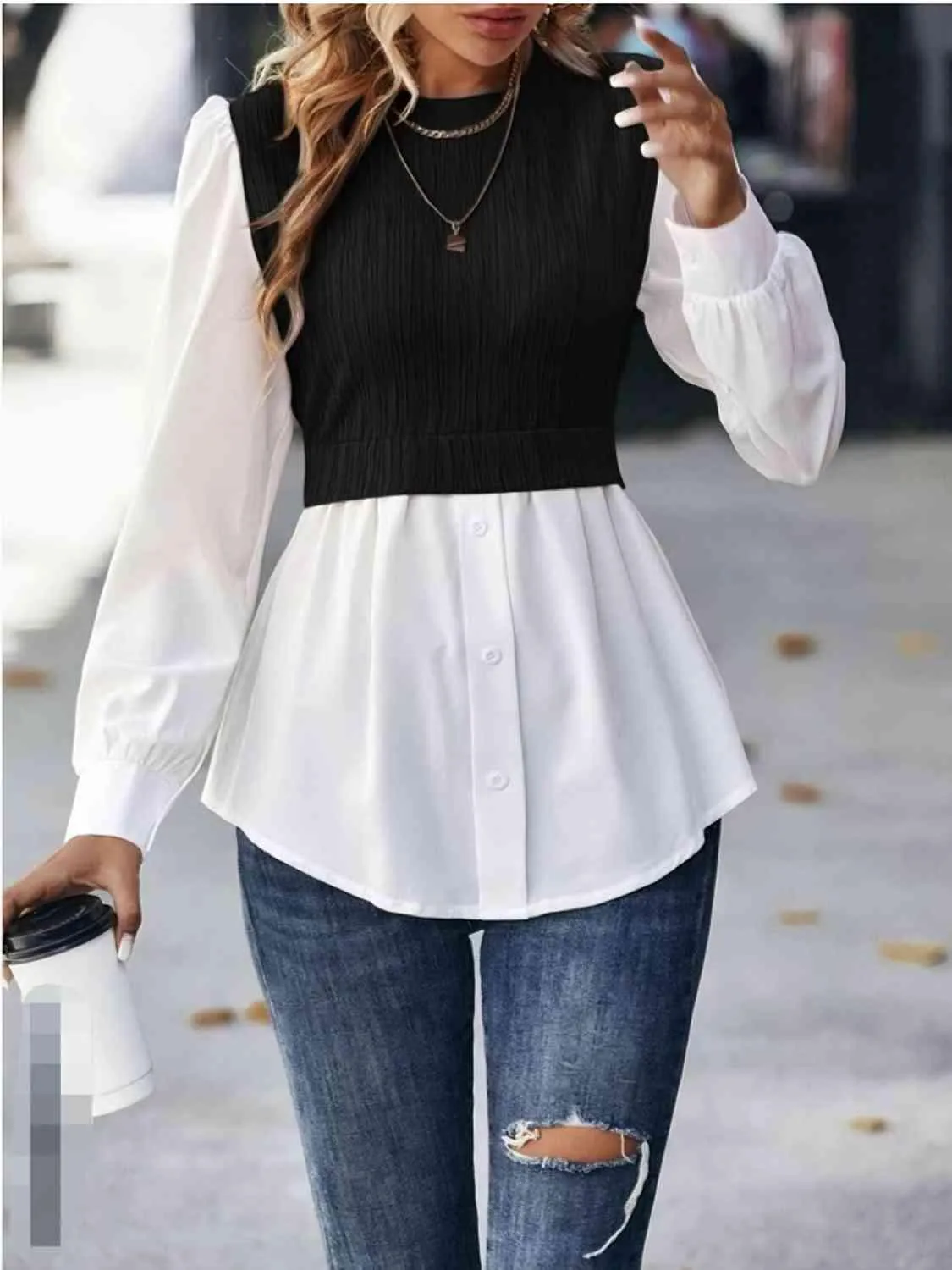 Cable Mock Vest Detail Blouse