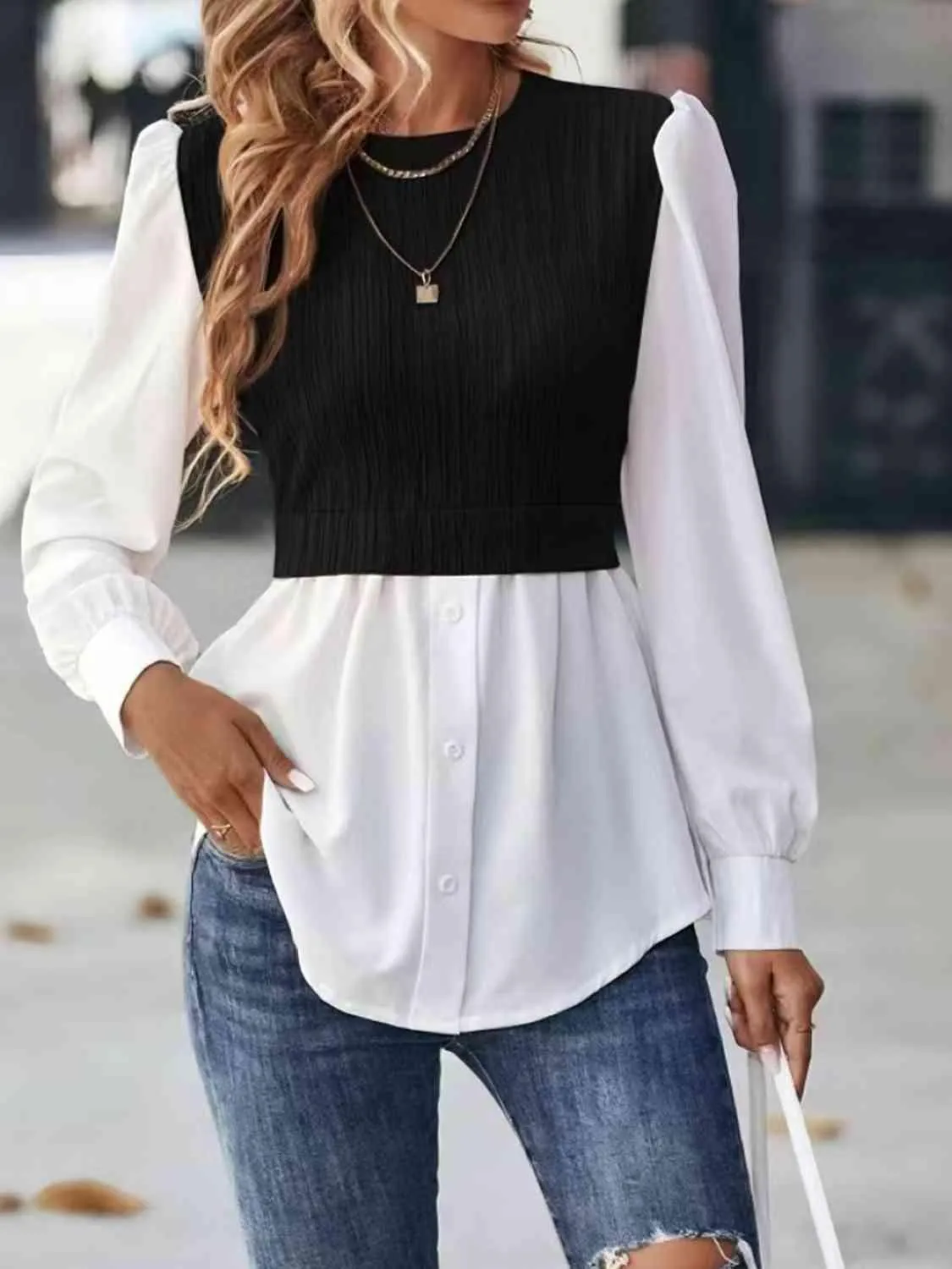 Cable Mock Vest Detail Blouse