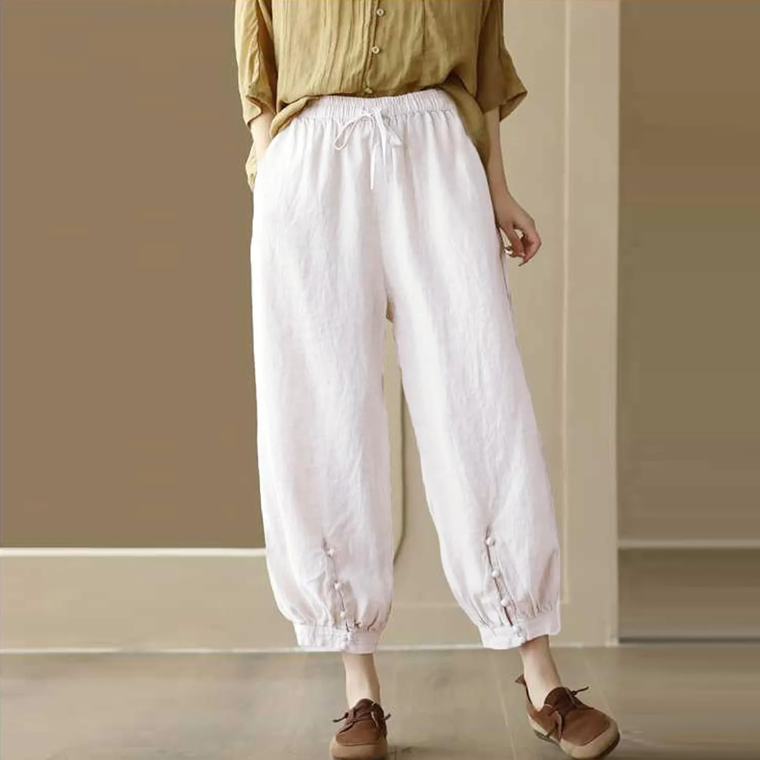 Cargo Pants Women, Casual Pants Peasant Straight Leg Relaxed Linen Side Button